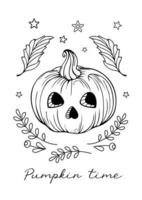 vector grafisch tekening illustratie in wijnoogst stijl voor halloween. pompoen - wrikken, jack-o -lantaarn. herfst groenten en bladeren. voor stickers, affiches, ansichtkaarten, ontwerp elementen, tatoeëren