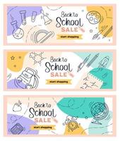 Welkom terug naar school. reeks helder horizontaal modern banier in schetsen stijl en pastel kleuren. aan het leren attributen - wereldbol, alarm klok, rugzak, notebook. voor reclame banier, website, uitverkoop folder vector