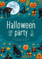 gelukkig halloween. partij uitnodiging met pompoen jack-o-lantern, zwart kat, vol maan, heks hoed, geschenken, snoep. in tekenfilm stijl. wijnoogst belettering. voor kader, sjabloon, ansichtkaarten, spandoeken, folder. vector