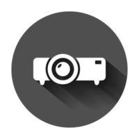 video projector teken icoon in vlak stijl. bioscoop presentatie apparaat vector illustratie Aan zwart ronde achtergrond met lang schaduw. conferentie bedrijf concept.