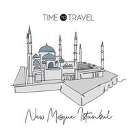 een doorlopende lijntekening nieuwe moskee landmark skyline masjid gebouw landschap in istanbul, turkije. religieuze tour muur decor poster print concept. trendy enkele lijn tekenen ontwerp vectorillustratie vector