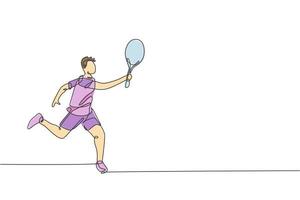 enkele doorlopende lijntekening van jonge behendige man tennisspeler verdediging en houd de bal. sport oefening concept. trendy één lijn tekenen ontwerp vectorillustratie voor tennistoernooi promotie media vector