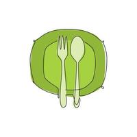 een enkele lijntekening van bord, vork en lepel voor restaurant logo vector grafische afbeelding. luxe café badge concept. modern doorlopende lijntekening ontwerp straatvoedsel logotype