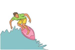 een enkele lijntekening van jonge sportieve surfer man rijden op grote golven vat in surfen strand paradijs vectorillustratie. extreme watersport levensstijl concept. modern ononderbroken lijntekeningontwerp vector