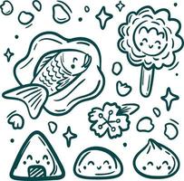 Aziatisch voedsel verzameling klem kunst. taiyaki, mochi en sushi reeks vector