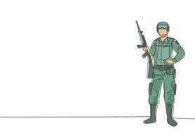 enkele doorlopende lijntekening van een jonge mannelijke soldaat pose die staat en een sluipschutterwapen vasthoudt. professioneel werk baan beroep. minimalisme concept een lijn tekenen grafisch ontwerp vectorillustratie vector