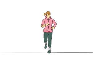 een doorlopend lijn tekening van jong sportief loper vrouw kom tot rust rennen Bij platteland. gezond levensstijl en pret jogging sport concept. dynamisch single lijn trek ontwerp vector illustratie grafisch