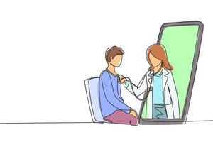 continue één lijntekening vrouwelijke arts komt uit het smartphonescherm en controleert de hartslag van de mannelijke patiënt met een stethoscoop zittend op een stoel. enkele lijn tekenen ontwerp vector grafische afbeelding