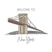 een doorlopende lijntekening brooklyn bridge landmark. iconische plek voor wereldschoonheid in New York, VS. thuis muur decor art poster print concept. moderne enkele lijn tekenen ontwerp vector grafische afbeelding