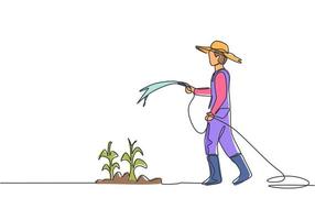 enkele doorlopende lijntekening jonge mannelijke boer die op het veld van de boerderij staat terwijl hij de planten water geeft met een slang. boer aanplant activiteiten concept. een lijn tekenen grafisch ontwerp vectorillustratie. vector