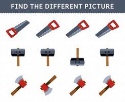 onderwijs spel voor kinderen vind de verschillend afbeelding in elk rij van schattig tekenfilm zag hamer bijl afdrukbare gereedschap werkblad vector