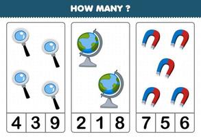 onderwijs spel voor kinderen tellen hoe veel schattig tekenfilm vergrootglas wereldbol magneet afbeelding afdrukbare gereedschap werkblad vector