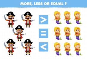onderwijs spel voor kinderen meer minder of Gelijk tellen de bedrag van schattig tekenfilm Mens en meermin afbeelding afdrukbare piraat werkblad vector