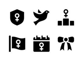 eenvoudige set van vrouwendag gerelateerde vector solide pictogrammen. bevat pictogrammen als schild, vliegende duif, podium, wapperende vlag en meer.