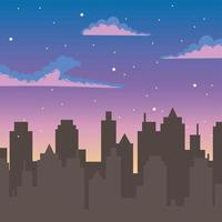 cartoon avondrood met stedelijke stadsgebouwen silhouet vector