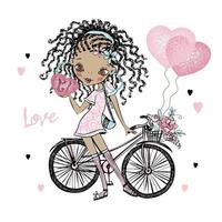 schattig fashionista donkerhuidige tienermeisje met staartjes met een fiets en ballonnen harten. valentijn kaart. vector. vector