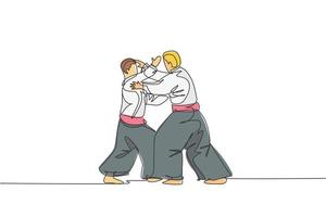 enkele doorlopende lijntekening van twee jonge sportieve man die kimono draagt, oefen aikido-techniek met sparringgevecht. Japans krijgskunstconcept. trendy één lijn tekenen ontwerp vectorillustratie vector