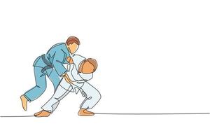 een enkele lijntekening van twee jonge energieke judoka's vechter mannen focus strijd vechten op sportschool centrum vectorillustratie. vechtsport sport concurrentie concept. modern ononderbroken lijntekeningontwerp vector