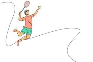 enkele doorlopende lijntekening van jonge behendige badmintonspeler springt en slaat de bal. sport oefening concept. trendy één lijn tekenen ontwerp vectorillustratie voor badminton toernooi publicatie vector