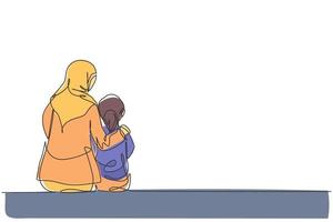 enkele doorlopende lijntekening van jonge arabische moeder en haar dochter die samen zitten en praten. islamitische moslim gelukkige familie ouderschap concept. één lijn grafisch teken ontwerp vectorillustratie vector