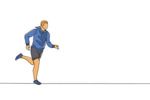 single doorlopend lijn tekening van jong gelukkig Gezondheid loper Mens vervelend capuchon rennen Bij stad kant. pret sport jogging en gezond levensstijl concept. modieus een lijn trek ontwerp vector illustratie