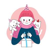 gelukkige verjaardag, vrouw, hond, kat en cadeau. hand tekenen cartoon schattige vector. vector