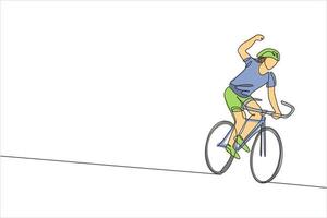 enkele doorlopende lijntekening van een jonge behendige fietser die graag de finishlijn bereikt. sport levensstijl concept. trendy één lijn tekenen ontwerp grafische vectorillustratie voor wielerwedstrijd promotie media vector