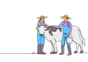 continue één lijntekening mannelijke boer die de koe wrijft terwijl hij een emmer water draagt. vrouwelijke boeren hielpen. succes landbouw minimalistisch concept. enkele lijn tekenen ontwerp vector grafische afbeelding