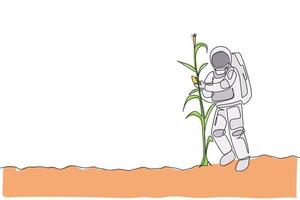 een enkele lijntekening van astronaut die maïs plukt van plant in maanoppervlakte vectorillustratie. kosmische ruimte landbouw oogst concept. moderne ononderbroken lijntekening ontwerp grafisch vector