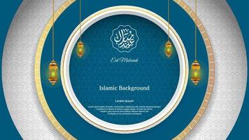 Islamitisch achtergrond ontwerp met circulaire concept voor eid mubarak en Ramadan kareem. Islamitisch vector ontwerp in wit, goud en blauw kleur.