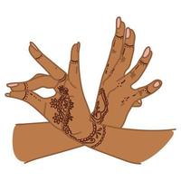 de traditioneel hand- teken van een dansen vrouw. Indisch klassiek dans bharatanatyam mudra. alapadma haast. mehendi. overladen handen met henna. mooi hand- beweging dans. kleur vector illustratie.