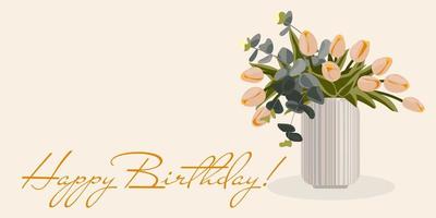 een boeket van tulpen in een vaas voor een verjaardag. de tulpen zijn roze met een inscriptie. vlak ontwerp. hand getekend modieus vector groet kaart. delicaat bloemen. ansichtkaart het drukken