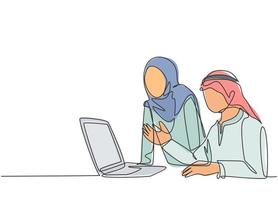 een doorlopende lijntekening van een jong moslimbedrijfspaar dat een zakelijk voorstel bespreekt aan potentiële belegger. islamitische kleding kandura, sjaal, hijab. enkele lijn tekenen ontwerp vectorillustratie vector