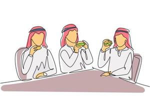 enkele lijn die jonge Arabische mannen samen trekt. vrienden eten fastfoodmaaltijd in restaurant. mensen zitten en eten hamburgers. doorlopende lijn tekenen ontwerp grafische vectorillustratie vector