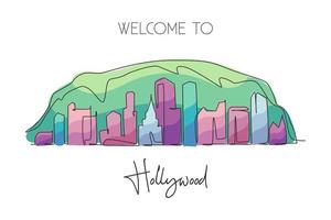 een doorlopende lijntekening van de skyline van Hollywood, Los Angeles. mooi oriëntatiepunt. wereld landschap toerisme reizen huis muur decor poster print. stijlvolle enkele lijn tekenen ontwerp vectorillustratie vector