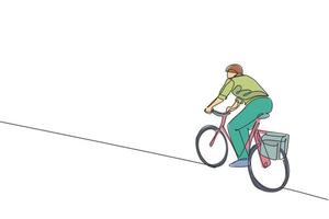 een doorlopende lijntekening van jonge professionele manager man fietsen rit fiets naar zijn kantoor. gezond werkend stedelijk levensstijlconcept. dynamische enkele lijn tekenen ontwerp grafische vectorillustratie vector