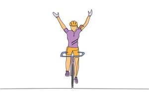 enkele doorlopende lijntekening van jonge behendige vrouw fietser steekt haar handen in de lucht. sport levensstijl concept. trendy één lijn tekenen ontwerp vectorillustratie voor wielerwedstrijd promotie media vector