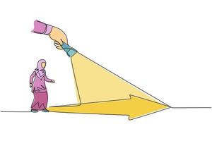 enkele doorlopende lijntekening jonge professionele vrouwelijke arabische ondernemer focus wandelen volg de begeleiding van zaklamp. minimalisme metafoor concept een lijn trekken grafisch ontwerp vectorillustratie vector