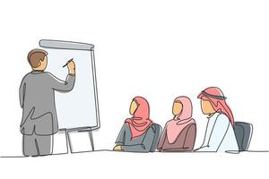 een enkele lijntekening van jonge gelukkige moslim leren bedrijfsstrategie van consultant. saoedi-arabië doek shmag, kandora, hoofddoek, thobe, ghutra. doorlopende lijn tekenen ontwerp vectorillustratie vector