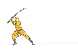 een enkele lijntekening van jonge energieke Japanse traditionele ninja met samoeraizwaard op aanval pose vectorillustratie. strijdlustige krijgskunst sport concept. modern ononderbroken lijntekeningontwerp vector