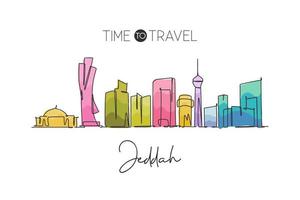 een enkele lijntekening van de skyline van de stad jeddah, saoedi-arabië. wereld historisch stadslandschap. beste vakantiebestemming muur decor poster print. trendy doorlopende lijn tekenen ontwerp vectorillustratie vector