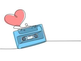 een doorlopende lijntekening van creatief retro en vintage cassettebandlint gevormd hartvormig. romantische muzikale bruiloft uitnodiging concept enkele lijn tekenen grafisch ontwerp vectorillustratie vector