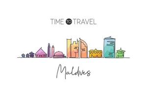 een enkele lijntekening van de skyline van de mannelijke stad, maldiven. wereld stad landschap huis muur decor poster print kunst. beste plaats vakantiebestemming. trendy doorlopende lijn tekenen ontwerp vectorillustratie vector