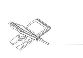 single doorlopend lijn tekening van Open koran, heilig boek moslim, Aan onderzetter. Islamitisch heilig dag Ramadan kareem en eid mubarak groet kaart concept een lijn trek ontwerp vector illustratie