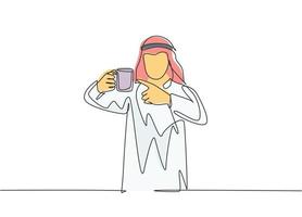 enkele doorlopende lijntekening van jonge moslim kantoormedewerker wijzende vinger naar mok koffie. Arabische Midden-Oosten mannelijke doek shmagh, kandura, thawb, gewaad. ontwerpillustratie met één lijntekening vector