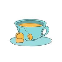 een doorlopende lijntekening warme verse glazen kopje thee voor theewinkel logo embleem. thee met theezakje en drink coaster logo sjabloon concept. moderne enkele lijn tekenen ontwerp grafische vectorillustratie vector
