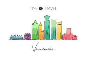 een enkele lijntekening van de skyline van de stad van Vancouver, Canada. wereld historische stad landschap home decor poster print. beste plaats vakantiebestemming. trendy doorlopende lijn tekenen ontwerp vectorillustratie vector