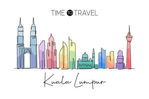 enkele doorlopende lijntekening van de skyline van de stad van Kuala Lumpur, Maleisië. beroemde stadslandschap. wereld reizen concept home muur decor art poster print. moderne één lijn tekenen ontwerp vectorillustratie vector