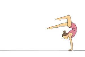 een single lijn tekening van jong schoonheid gymnast meisje oefening verdieping ritmisch gymnastiek- Bij Sportschool vector illustratie. gezond atleet tiener levensstijl en sport concept. modern doorlopend lijn trek ontwerp
