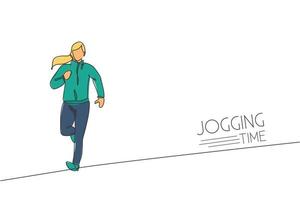 een enkele lijntekening jonge energieke vrouw runner lopen ontspannen op asfalt track grafische vectorillustratie. gezond sporttrainingsconcept. modern ononderbroken lijntekeningontwerp voor lopende racebanner vector